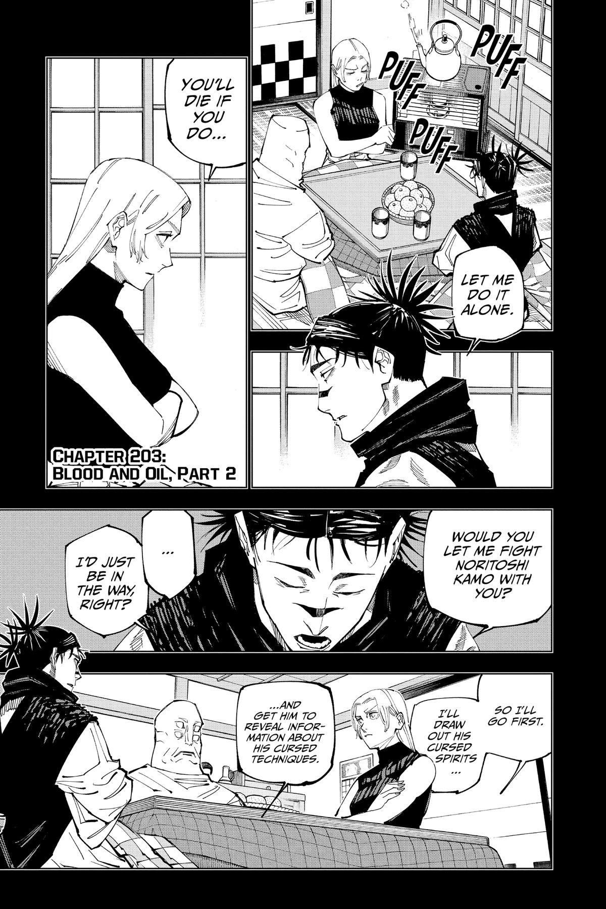 Jujutsu Kaisen Manga Chapter 203 page 1 - Blood and Oil, Part 2